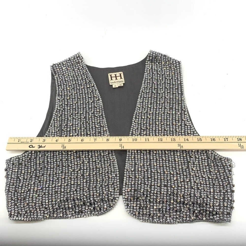 Haute Hippie Womens Gray Silk Sequin Crystal Embellished Cropped Bolero Vest M - Picture 7 of 12